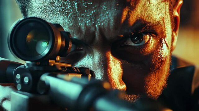 Intense close-up of a marksman with a sniper rifle engaged in a tense moment during a nighttime mission