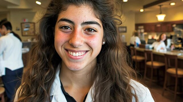 Smiling student in a busy café during a learning event at a community center