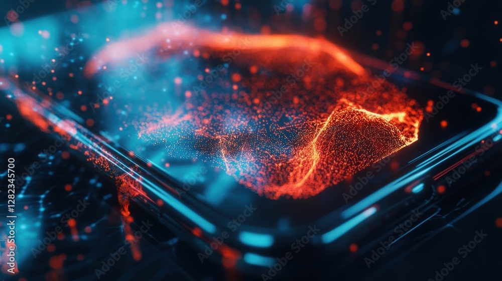 Poster futuristic smartphone is displaying an abstract glowing red and blue particle stream, representing c