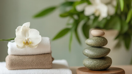 Obraz premium A white flower sits on top of a stack of towels