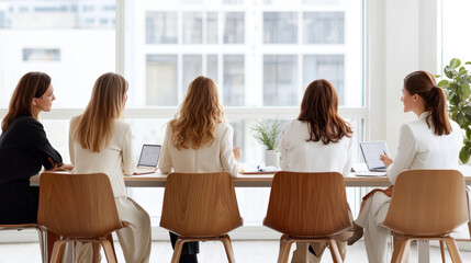 Obraz premium A group of five women sit at a long table in a business setting