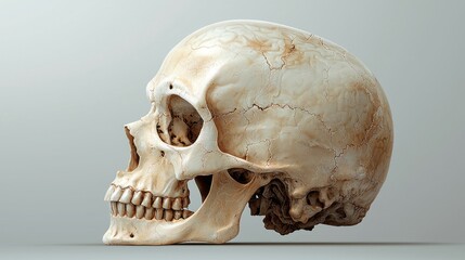 Obraz premium Detailed Realistic Human Skull Model Showcasing Anatomy and Texture in Neutral Background for Educational and Artistic Purposes