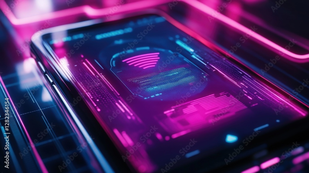 Poster futuristic smartphone is displaying wifi signal and encrypted data on a vibrant neon lit interface, 