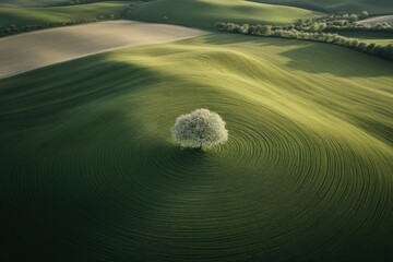 Blooming tree stands alone in green rolling hills at spring