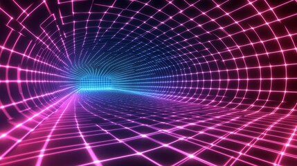 Obraz premium Futuristic Neon Grid Tunnel with Glowing Lines in Pink and Blue Colors