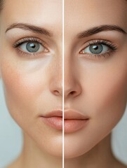 Comparison of aging effects on a womans face highlighting wrinkles and smooth skin. Generative AI