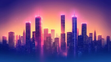 Fototapeta premium Glowing City Skyline Silhouette at Night with Vibrant Pink and Blue Lights