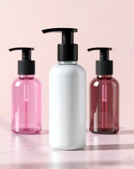 A premium, reusable glass pump bottle mockup designed for cosmetic and skincare branding. The bottle is blank, with a smooth, frosted or clear glass finish, allowing for easy customization.