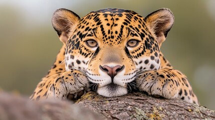 Obraz premium Jaguar resting on a log in nature, close-up view, wildlife photography
