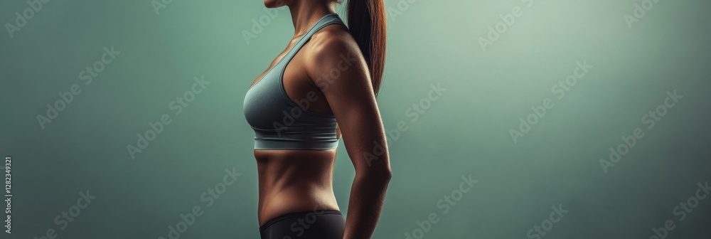 Poster body transformation showcasing fitness journey with motivational lighting and energy in a studio env