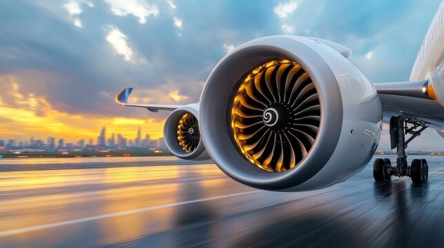 Close-Up of Massive Aircraft Engine on Runway