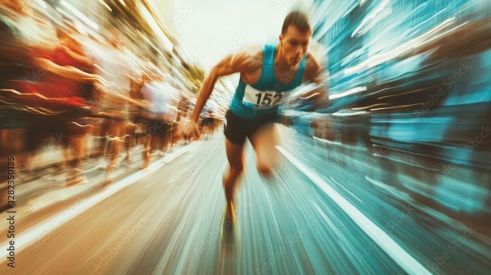 Aufkleber runner at start line feeling fatigued transforms into a strong victor in high energy motion during a