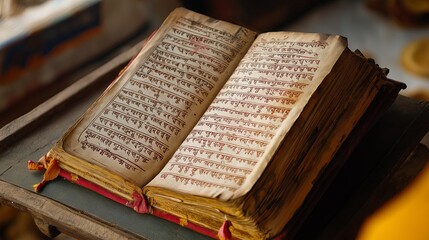 An ancient Hindu religious book with Sanskrit scriptures placed on a wooden table, representing wisdom, spirituality, and cultural heritage.