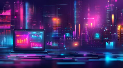 Futuristic Cityscape with Laptop Displaying Data Analytics
