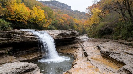 Autumn Waterfall in Mountain Gorge