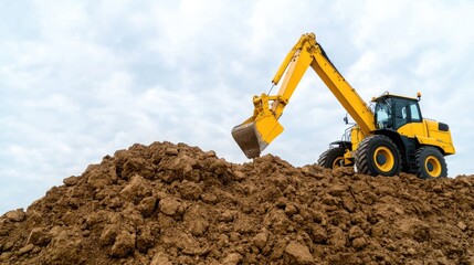 Excavator digging soil, construction site, cloudy sky