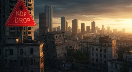 Dystopian skyline contrast, Urban decay meets soaring modern architecture