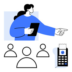 Professional pointing while holding a tablet, three group icons, payment terminal with receipt. Ideal for teamwork, leadership, payment systems, organization, project planning, customer service