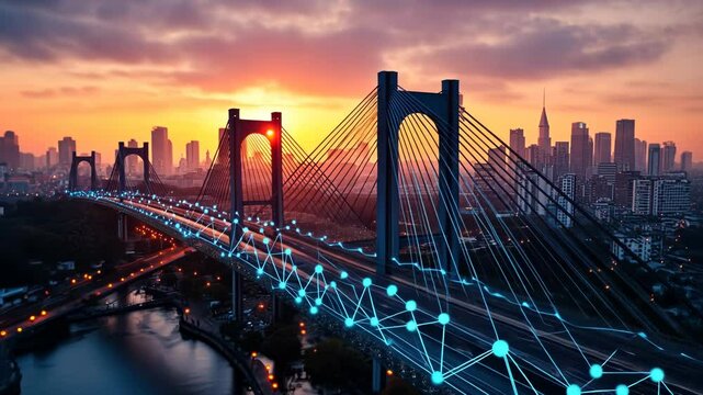 Sunset cityscape with cable-stayed bridge and digital network overlay.