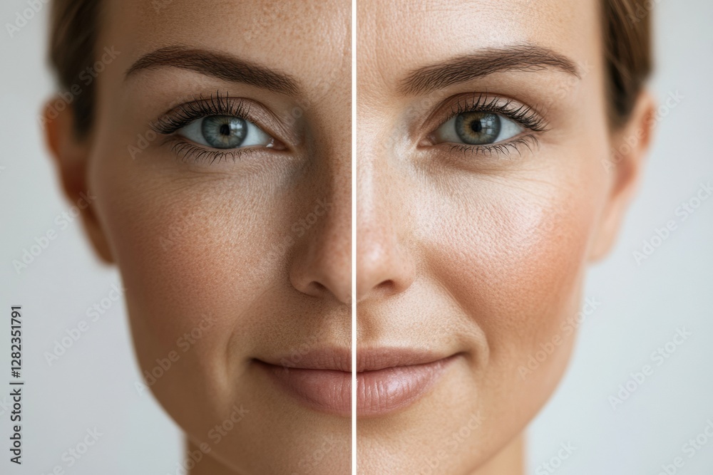 Poster split screen comparison of a woman showing aged skin on one side and youthfully smooth skin on the o