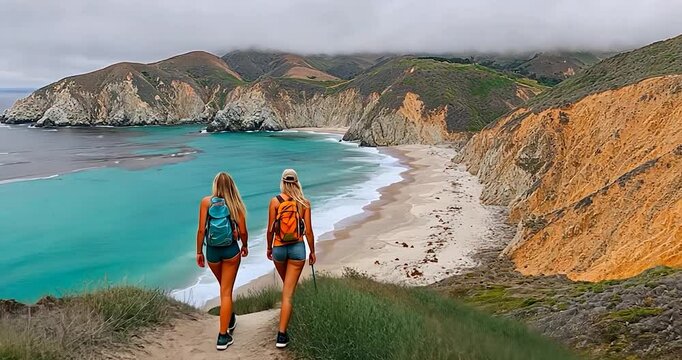Two women hike coastal trail overlooking secluded beach and turquoise ocean.