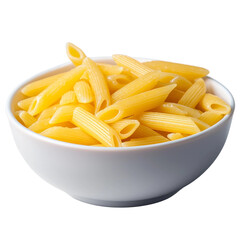 penne pasta in a white bowl, side view, white background