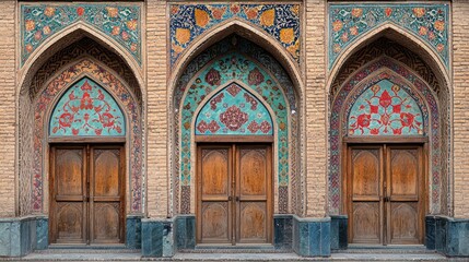 Obraz premium Arched doorways with mosaic decoration in Persia for historic travel and architecture