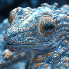 Obraz premium Close-up image of a vibrant Mexican salamander axolotl, characterized by blue and orange skin with fish scale-like spots, large eyes - AI-Generated