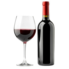 red wine bottle and glass, white background