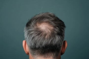 Fototapeta premium Man showing bald spot on head with gray hair on green background