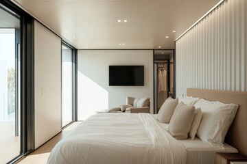 Modern minimalist bedroom interior with large bed and balcony access