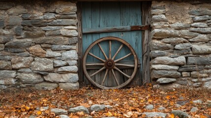 Obraz premium Wagon Wheel Leaning Against Stone Wall with Blue Door and Autumn Leaves