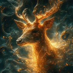 Anthropomorphic deer, light energy face, intricate antlers with leaf branch elements, emerging from dark smoky background, ethereal beauty, mystique, otherworldly - AI-Generated