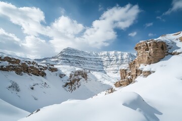 Snow covering majestic canyon and mountain peaks under a cloudy blue sky
