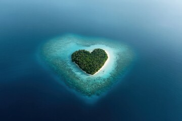 Heart-shaped island emerging from the ocean depths, inspiring romance and adventure
