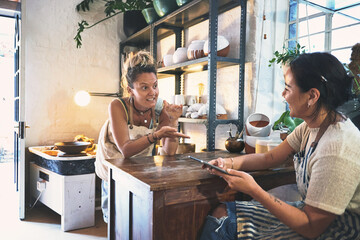 Pottery, small business and women with tablet, team and inventory for stock in shop, planning and website. Collaboration, entrepreneur and ideas for sales in store, craftsmanship or artist with app