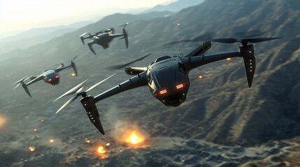 Futuristic Military Drones in Action Over Mountainous Terrain Landscape