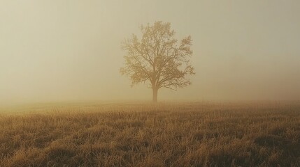 Obraz premium Solitary tree in foggy field at sunrise.