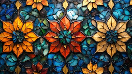 Colorful floral design pattern made of stained glass mosaics