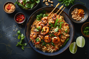 gourmet thai cuisine, a beautiful assortment of top-quality, traditional thai dishes creatively presented on a textured background, capturing upscale cuisine in vivid detail