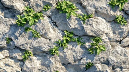 Obraz premium Rustic Stone Wall with Green Ferns Growing in Cracks Under Bright Sunlight