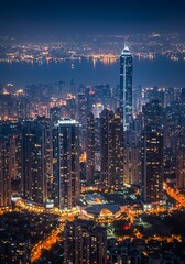 Fototapeta premium A breathtaking view of a modern metropolis at night, featuring illuminated skyscrapers, a starry sky, and a vibrant skyline.