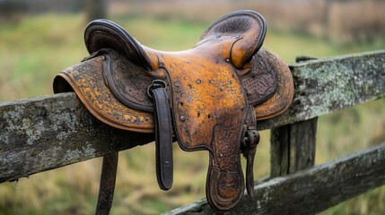 Brown Leather Horse Saddle Resting on Weathered Wooden Fence in Rural Landscape