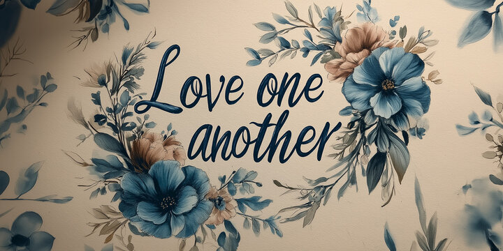 Watercolor calligraphy "Love one another," floral background - Powered by Adobe