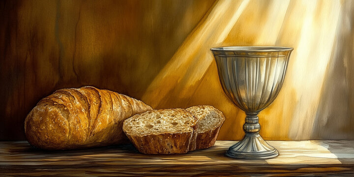 Watercolor chalice and bread on wooden table, rustic textures