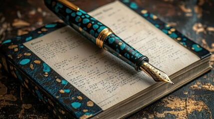 Elegant fountain pen rests on vintage notebook.
