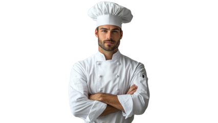 Portrait of a confident and professional young male chef wearing a pristine white chef's uniform, a neatly tied white apron, and a traditional white chef’s hat. He stands with his arms crossed