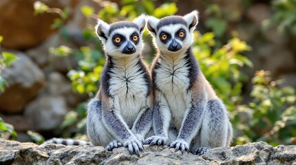 Fototapeta premium Pair of Curious Lemurs in Jungle – Wide-Eyed Exotic Animals in Natural Habitat 