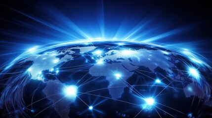 Obraz premium Global network connection, data transfer, world map, blue light, technology