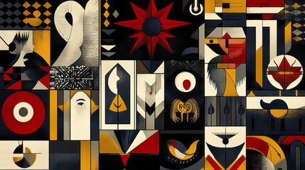 Abstract geometric pattern featuring stylized figures and symbolic elements
